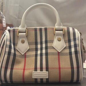 Tan and White Checkered Handbag Canvas